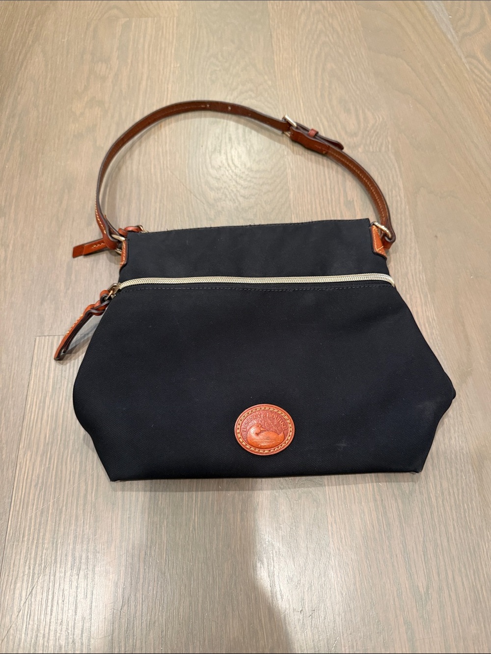 Dooney & Bourke Black Nylon Shoulder Bag with Brown Leather Trim and Patch